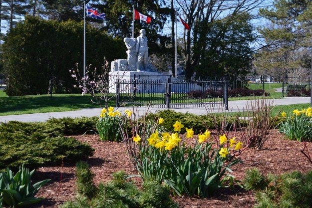 CITY SHORTS ART: A flower bed in Chippawa Park shows bright yellow daffodils with the stately Welland-Crowland War Memorial standing in the distance. (Photo by Joe Barkovich. Watch for a distinctively- Welland City Shorts Art photo weekly)